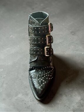 Aldo Black Studded Pointed Leather Ankle Boots with Triple Buckles